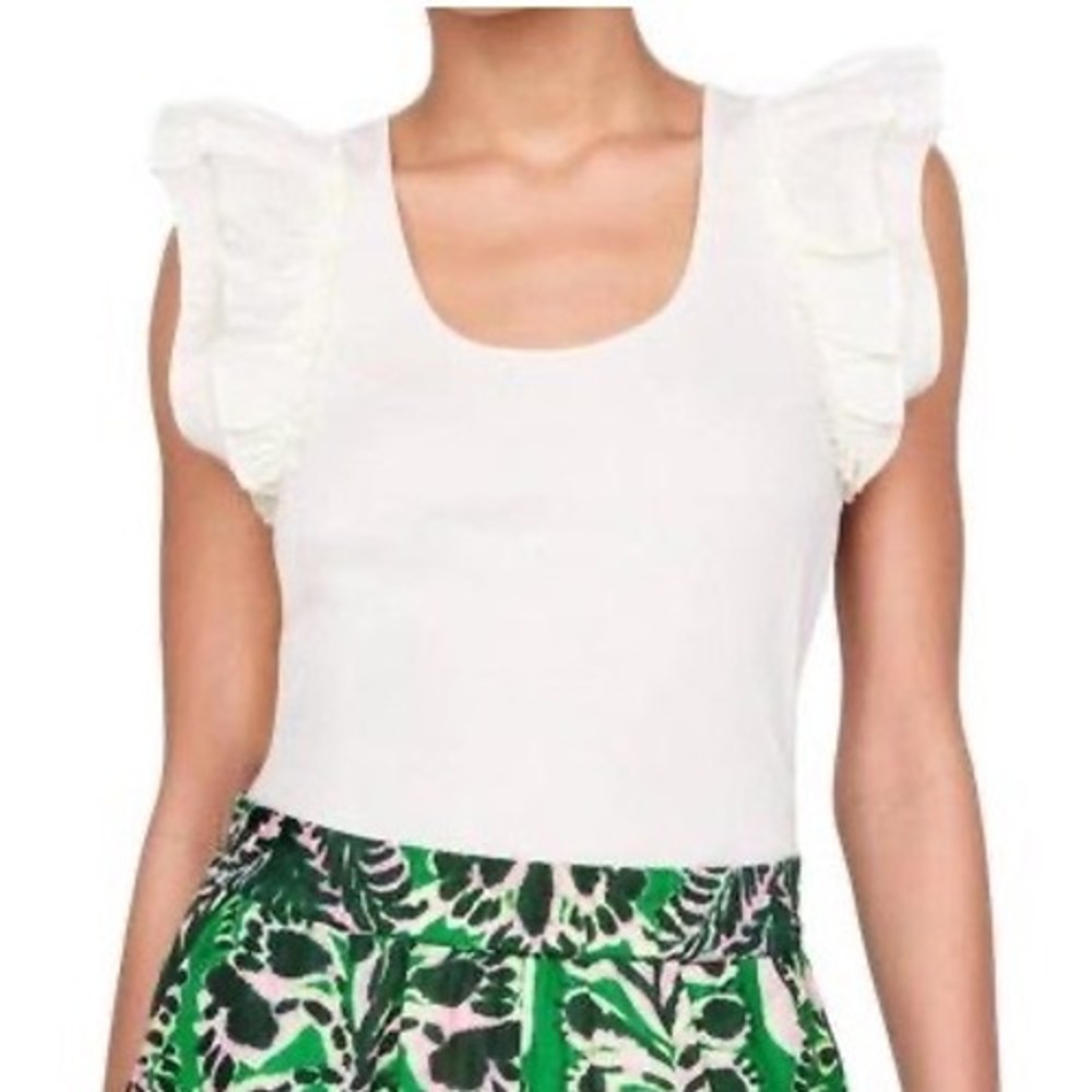 Marie Oliver Anna Top‎ White Ruffle Shoulder Ribbed Pima Cotton Scoop Neck S